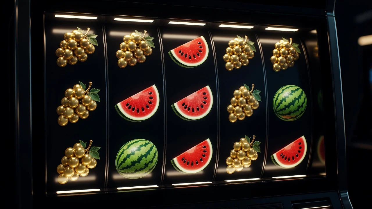 6x5 cluster-pays slot grid with tumbling gold fruit symbols