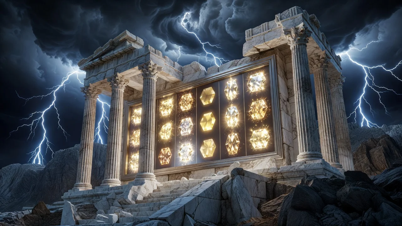 Olympus-themed slot reels with lightning and gold multiplier gems