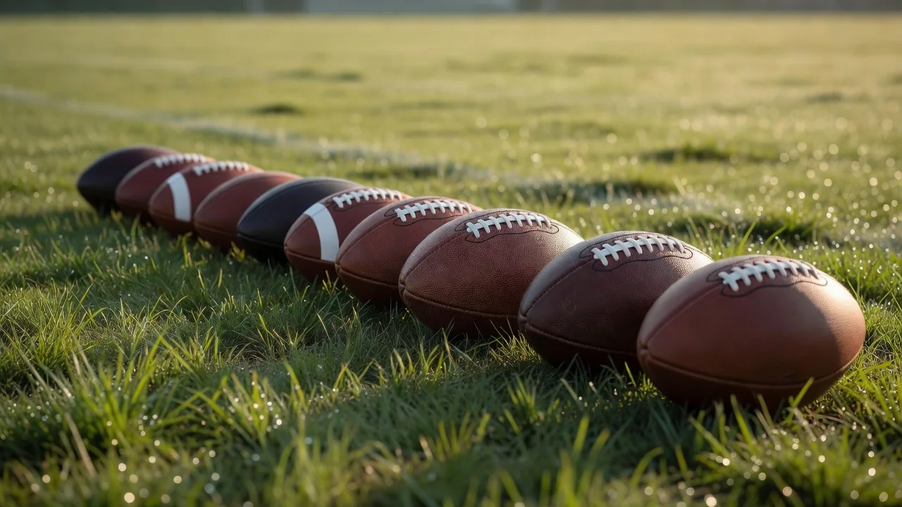 Row of youth footballs in different sizes lined up on morning grass