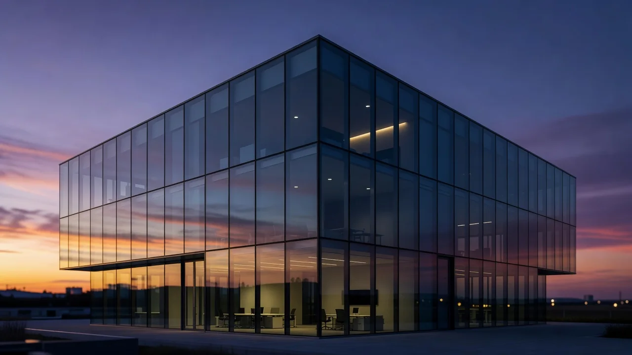 Glass office building of a modern football club at dusk with no signage