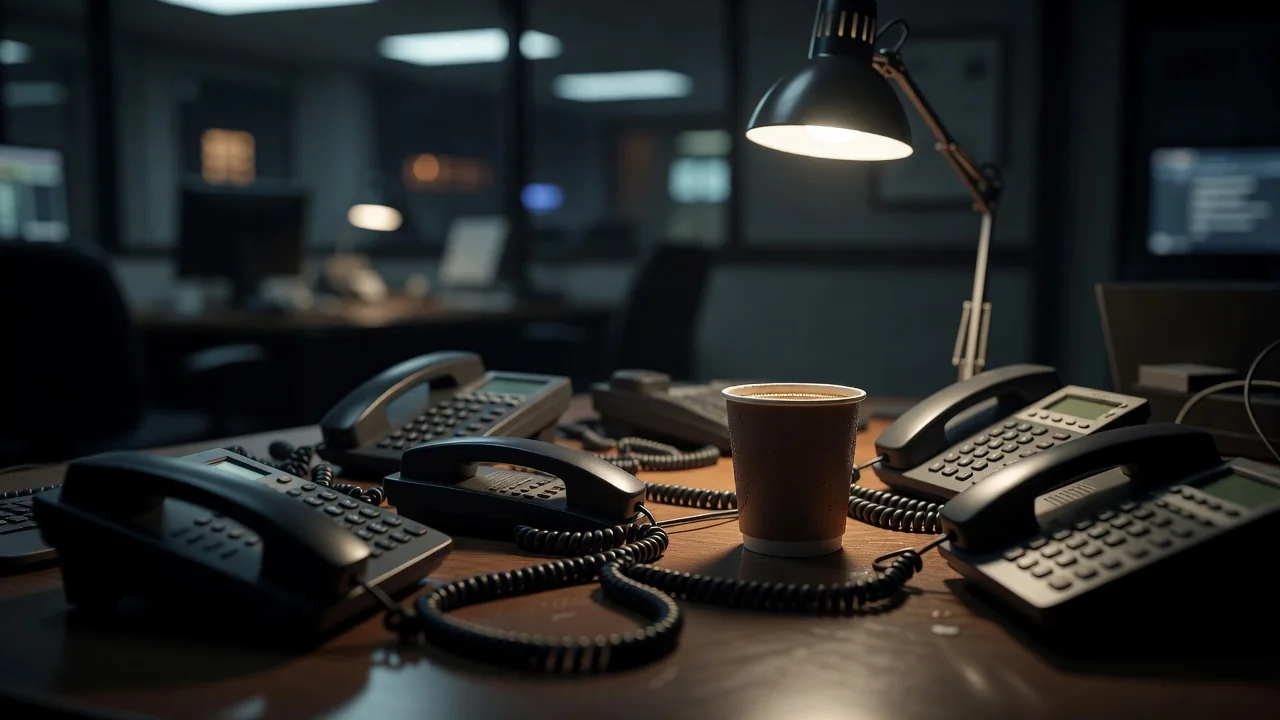 Newsroom desk at night crowded with several phones and a cold coffee