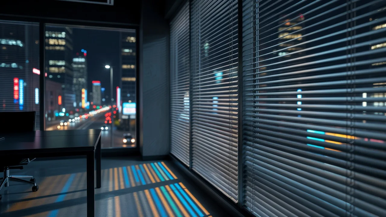 Office window blinds with city lights glowing outside at night