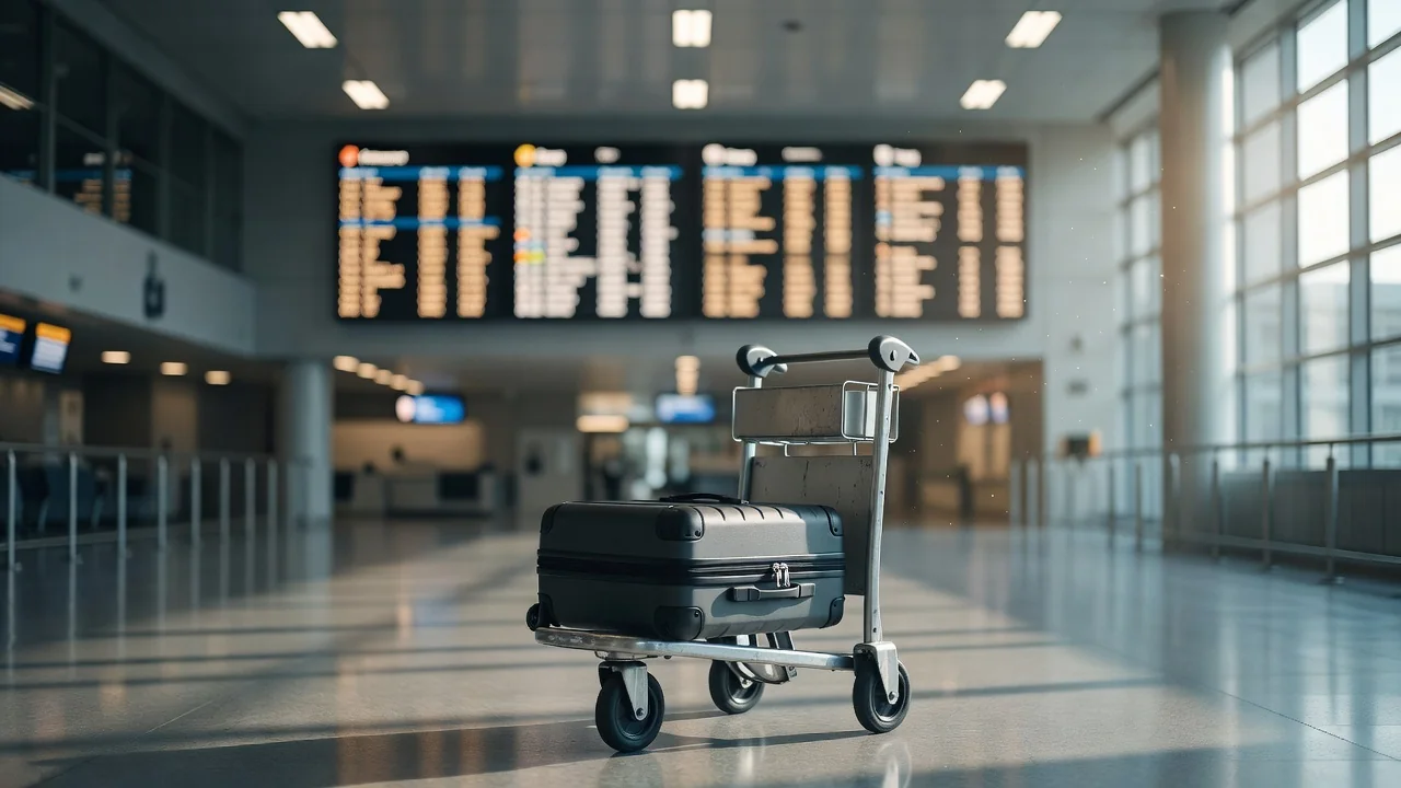 Suitcase on a trolley in an airport departures hall with a blurred board behind