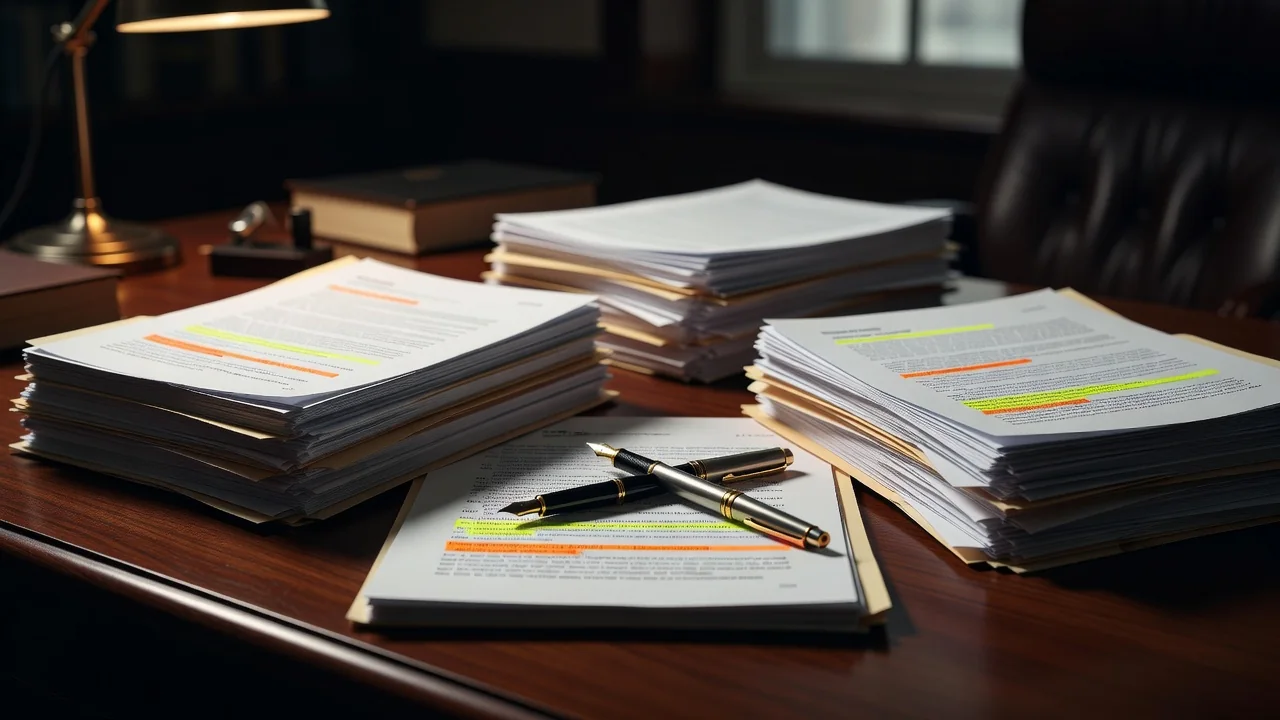 Lawyer's desk with highlighted document stacks and two pens crossed