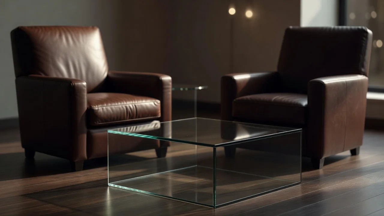 Two leather chairs facing each other across a low glass table