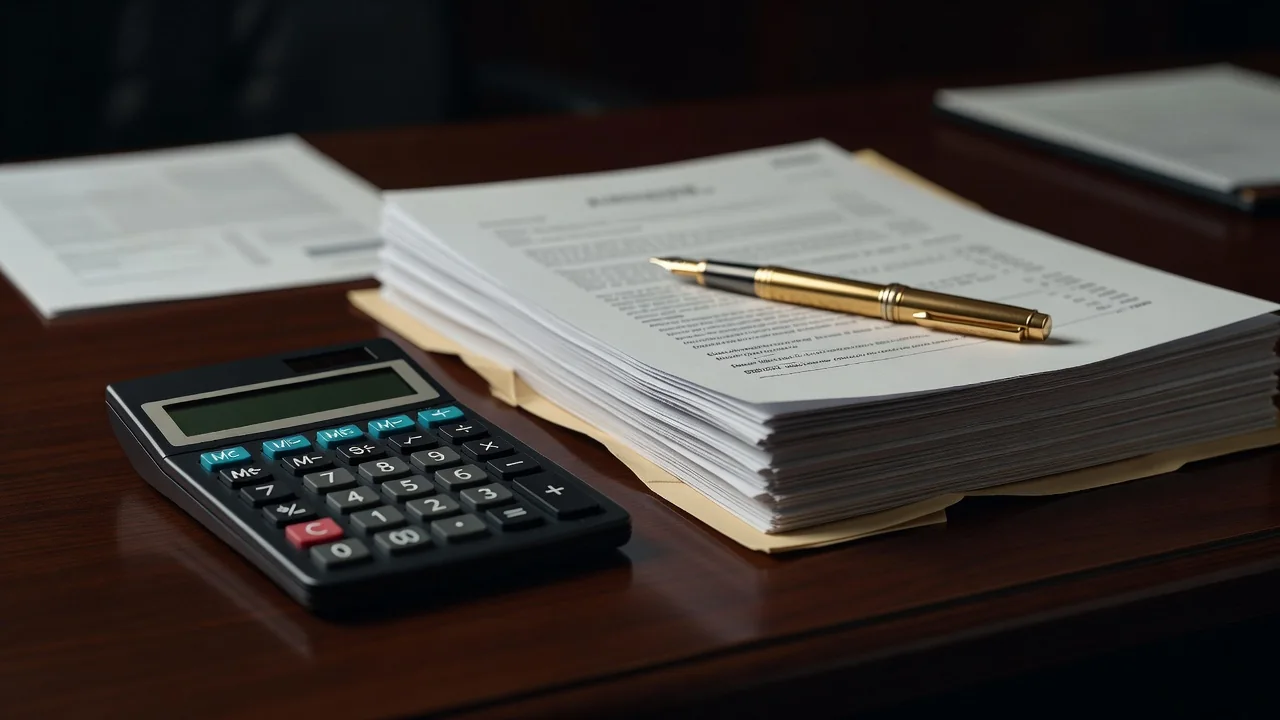 Calculator beside a stack of contracts and a gold pen