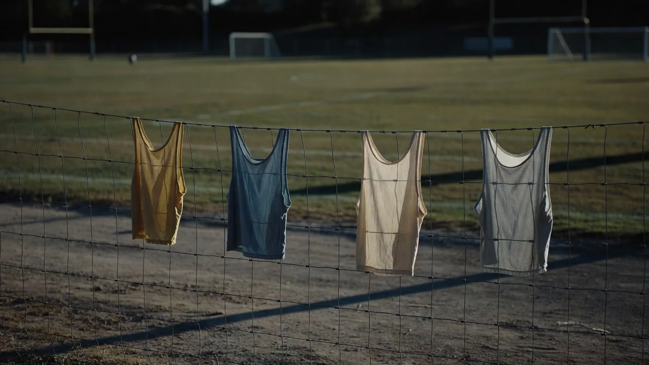 Plain training bibs hanging on a wire fence at an academy ground