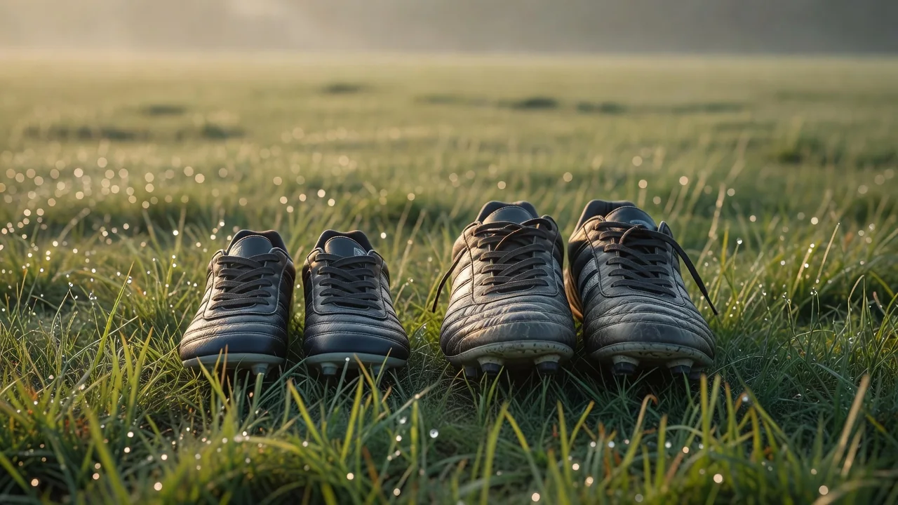 Small youth football boots beside full size boots on morning grass