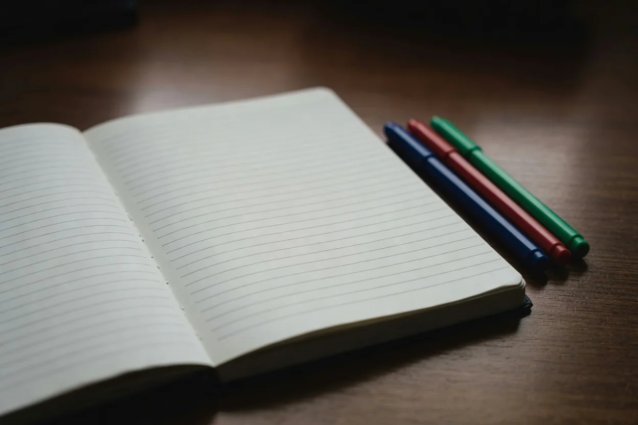 Open notebook with blank ruled pages and three coloured pens
