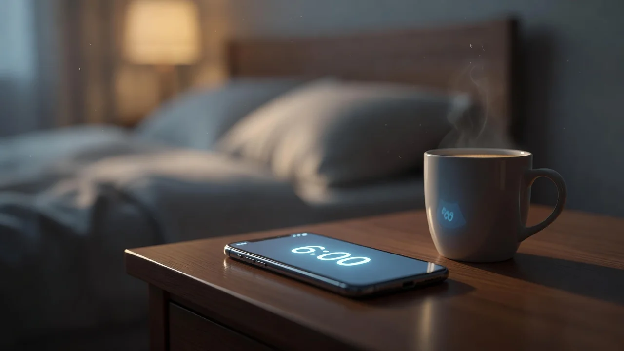 Phone showing an early alarm glow beside a mug on a bedside table