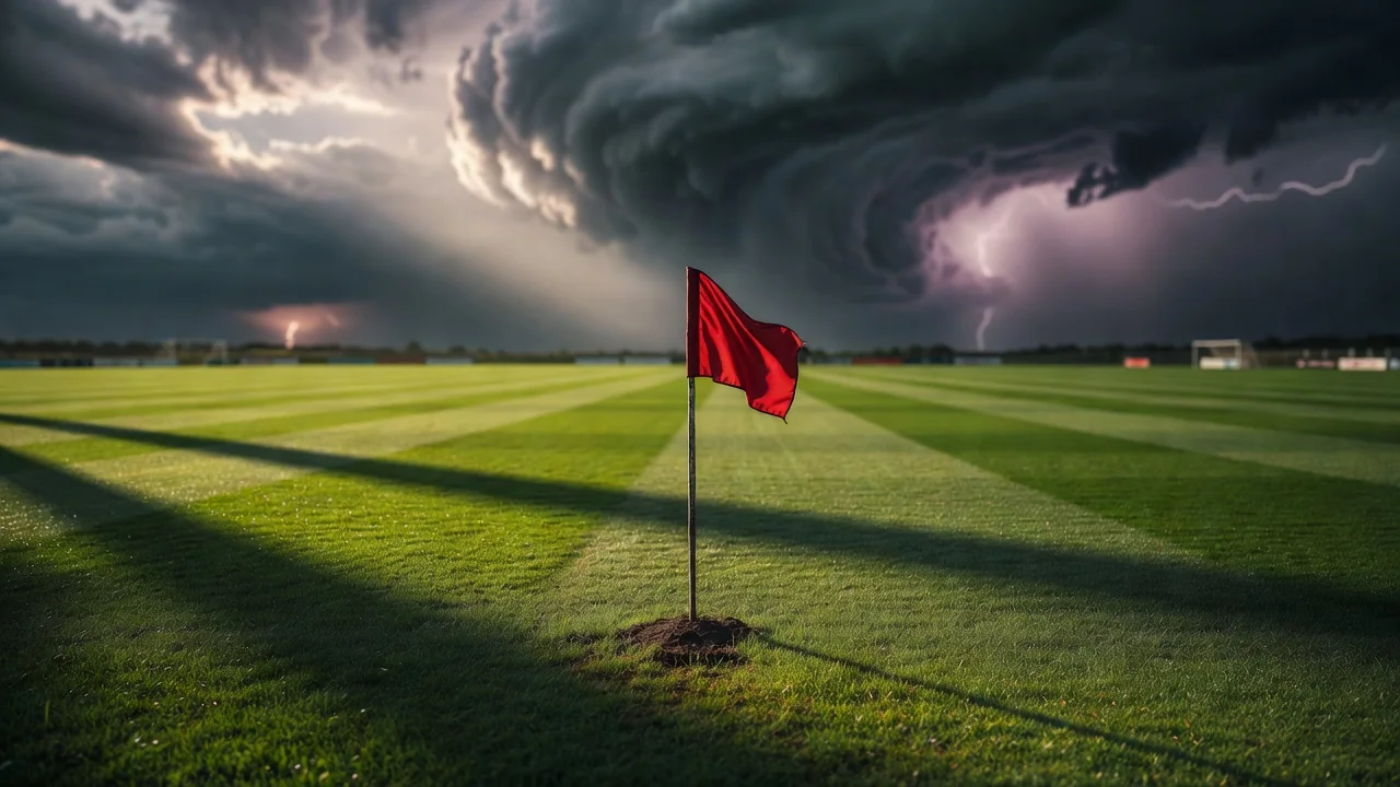 Single red flag planted on an empty football pitch under dramatic clouds