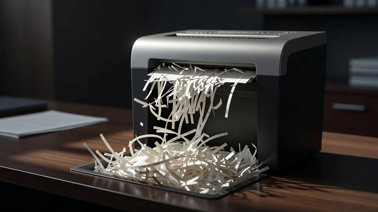 Paper shredder with shredded document strips spilling into a bin