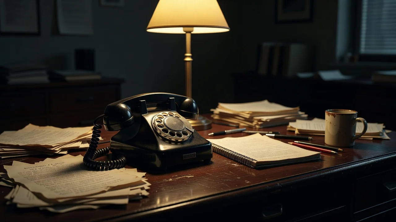 Vintage rotary telephone on a night journalist desk under a single lamp