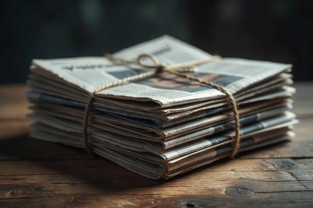 Stack of heavily blurred tabloid newspapers bound with string on a wooden table