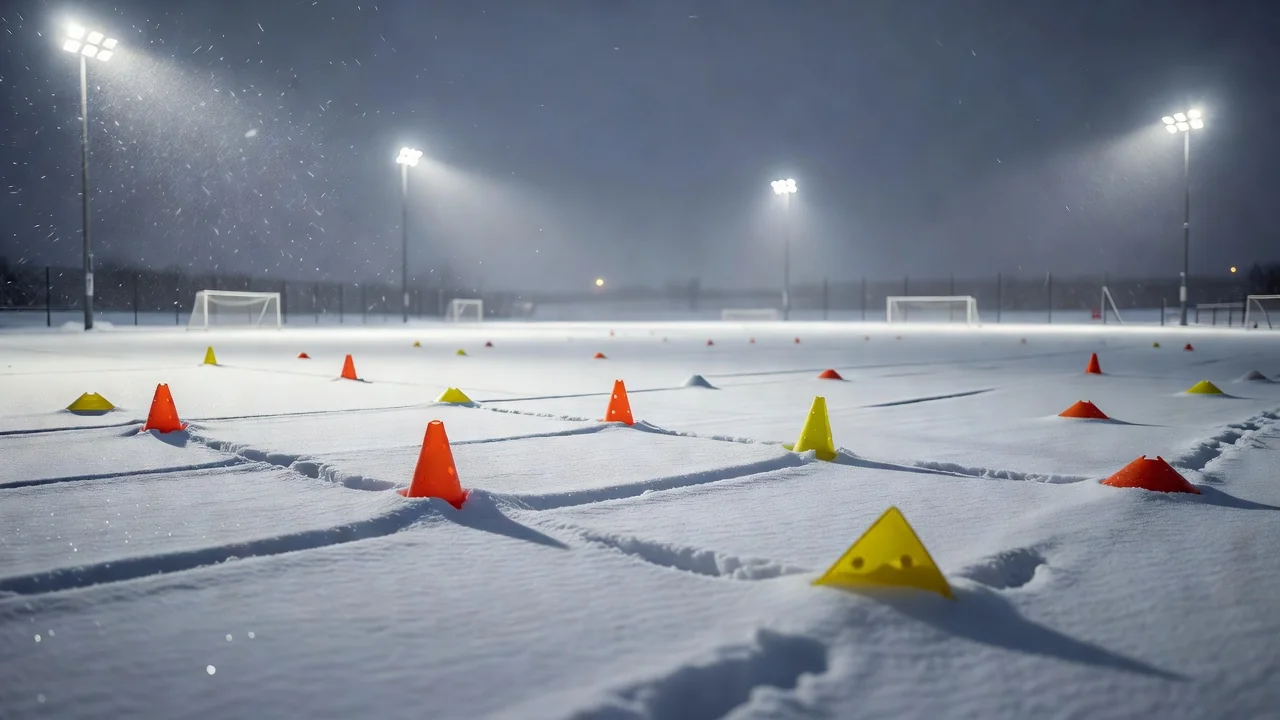 Snow covered empty training pitch with cones half buried under floodlights