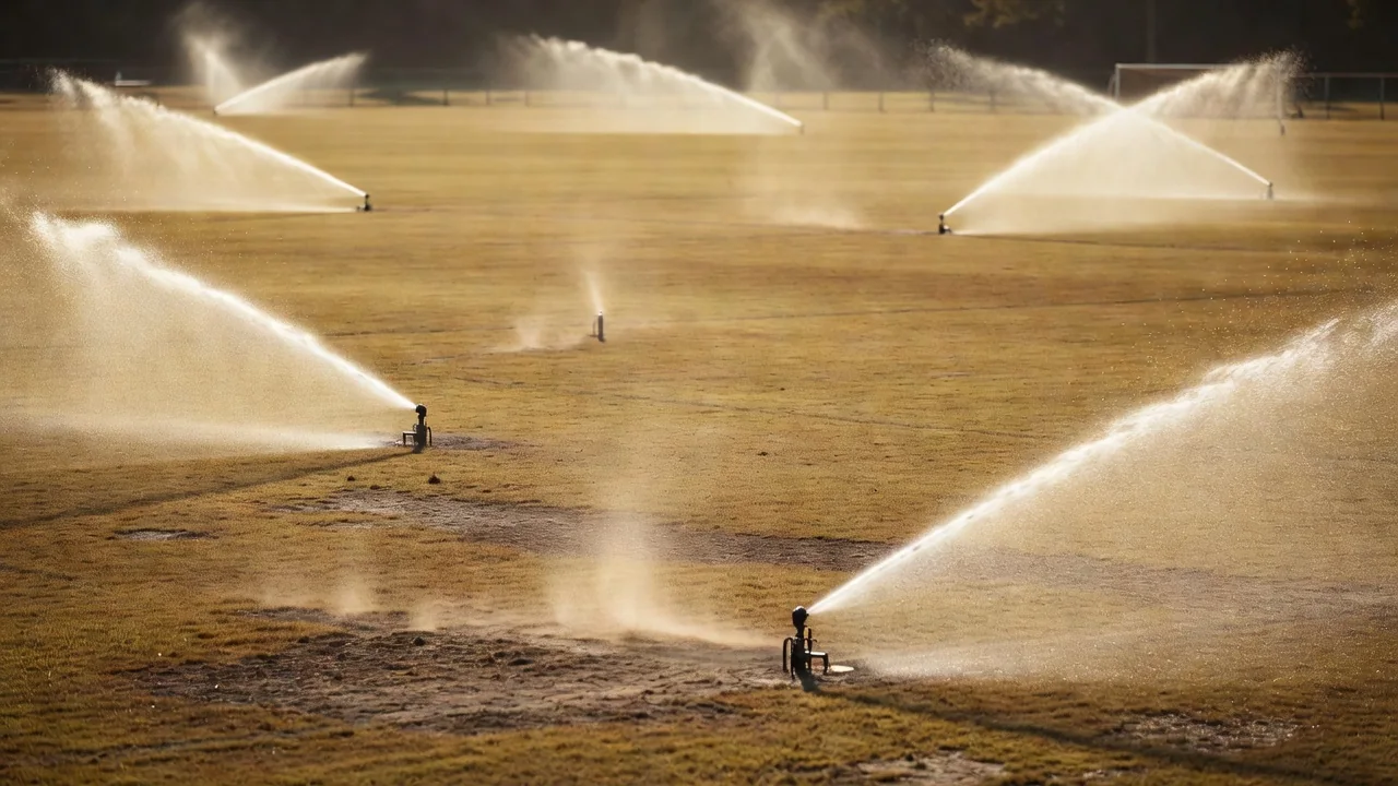 Sun scorched empty football pitch with sprinklers spraying in summer haze