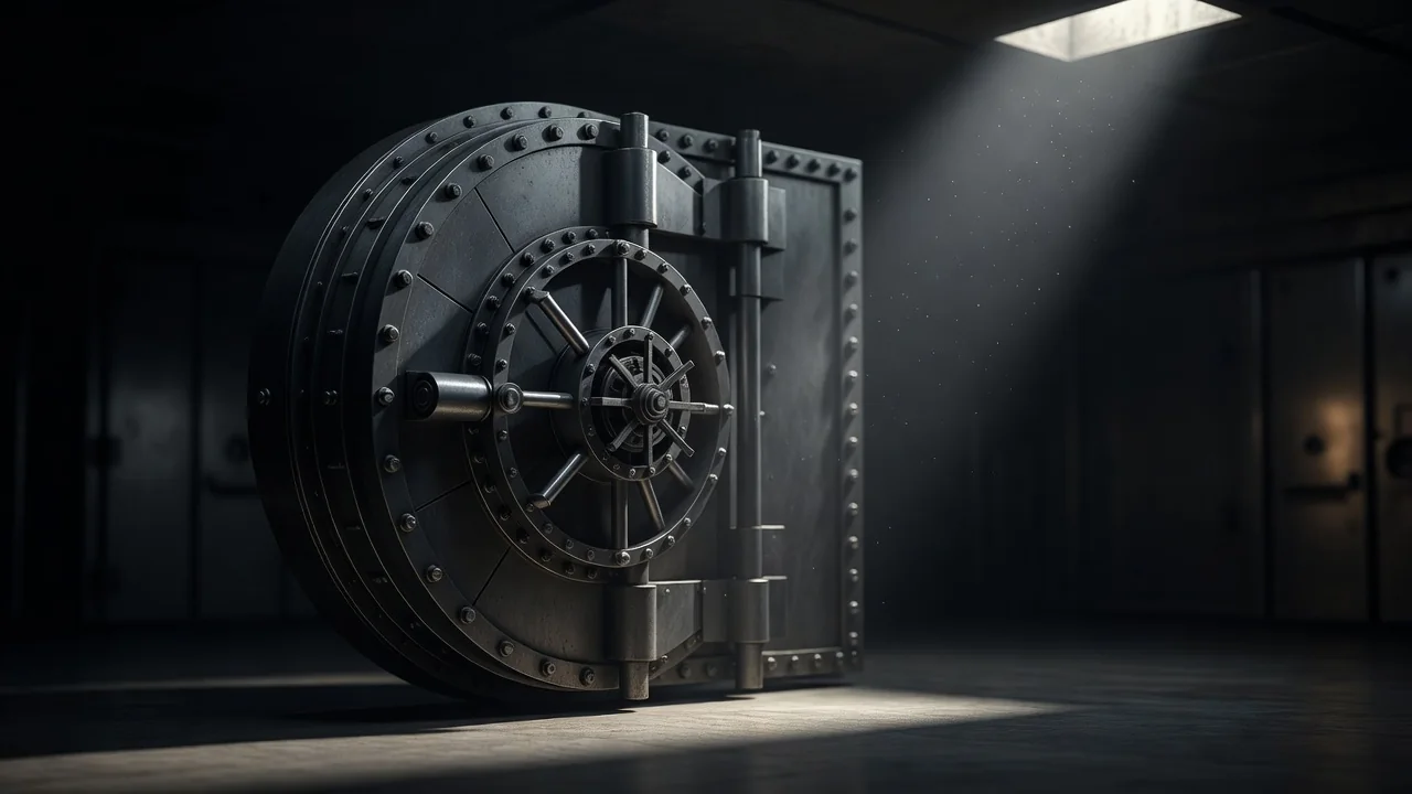 Heavy bank vault door standing slightly ajar with a dramatic light beam