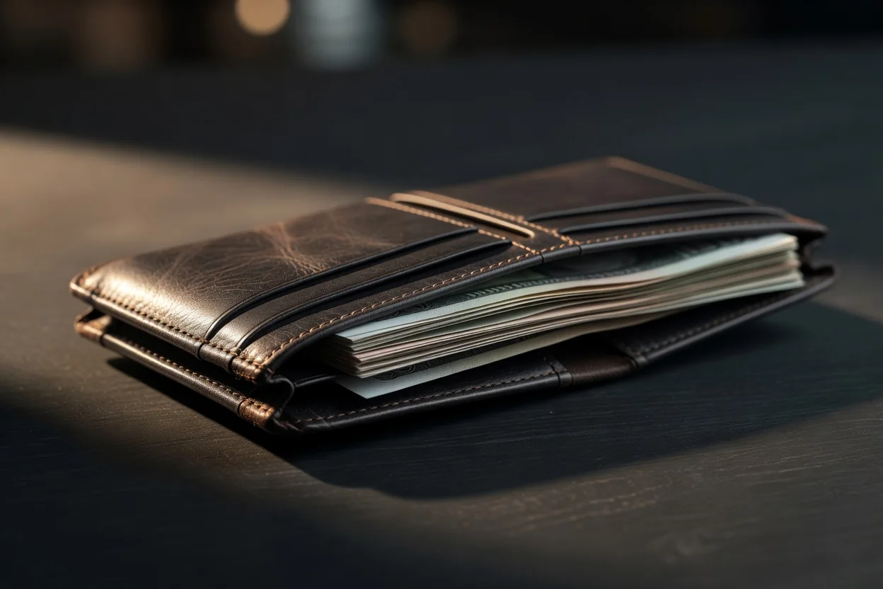 Leather wallet open showing the plain edge of banknotes with blurred denominations