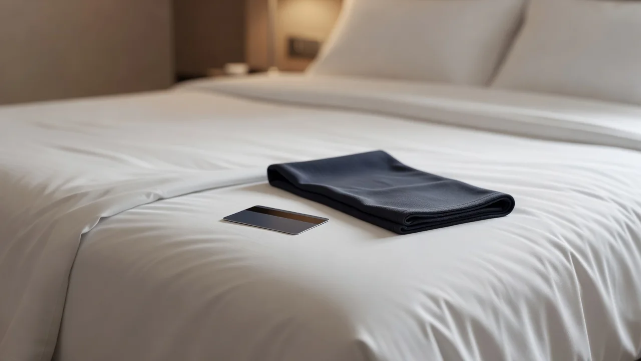 Hotel room key card on a made bed beside a folded plain football scarf