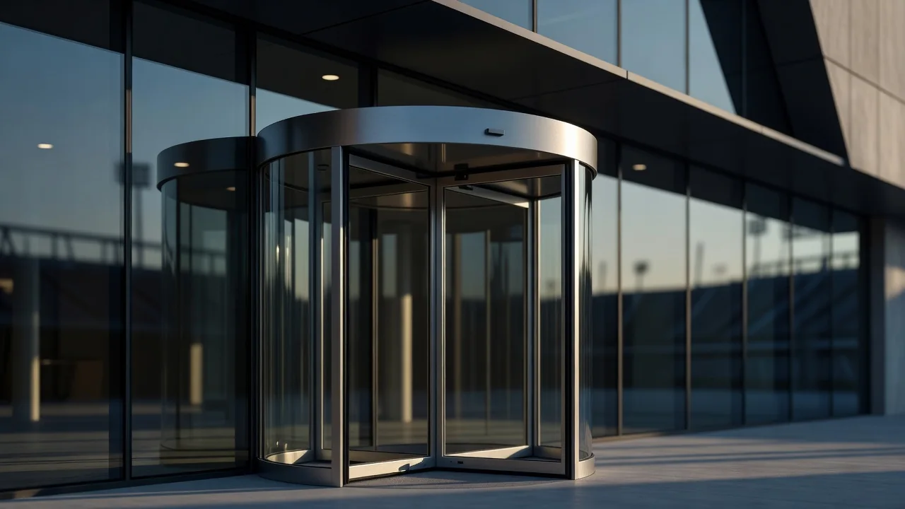 Revolving glass door of a modern stadium office building