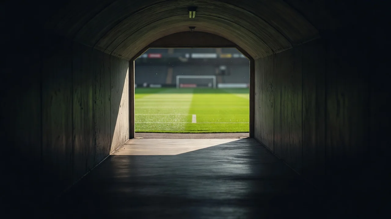 Empty stadium tunnel leading out to a bright green pitch