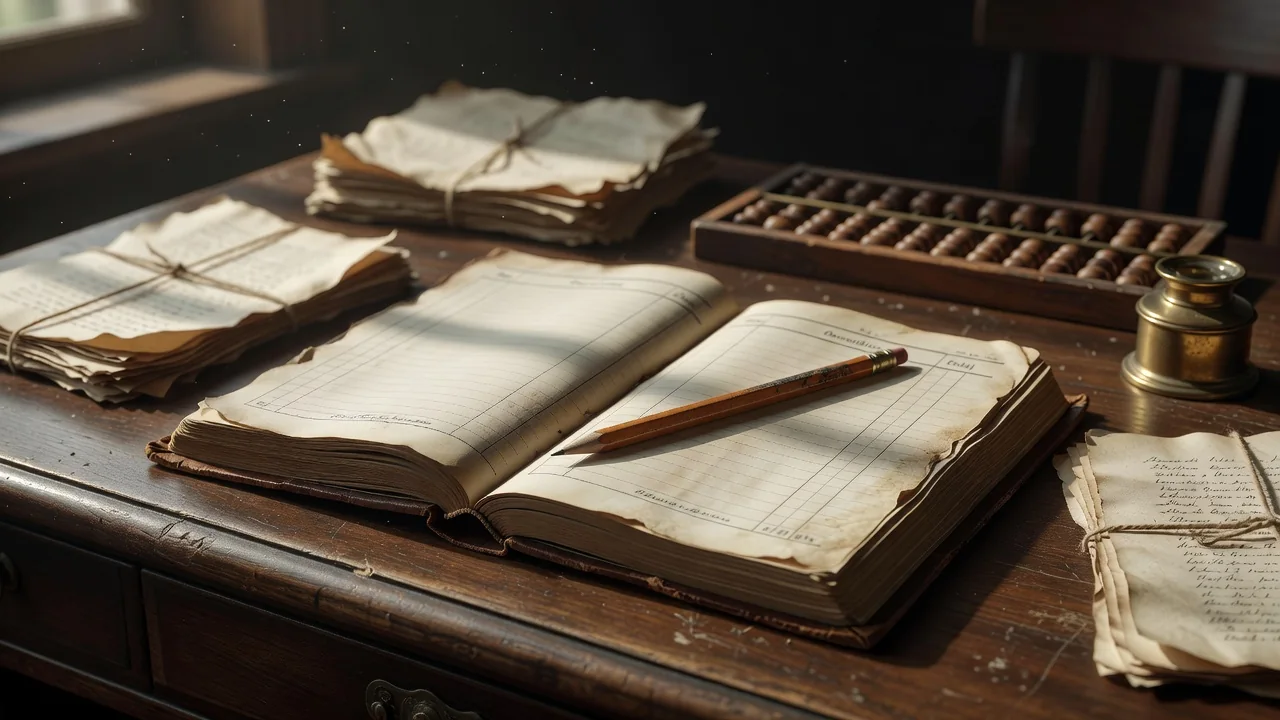 Open vintage ledger with blank columns and a pencil on an accounting desk