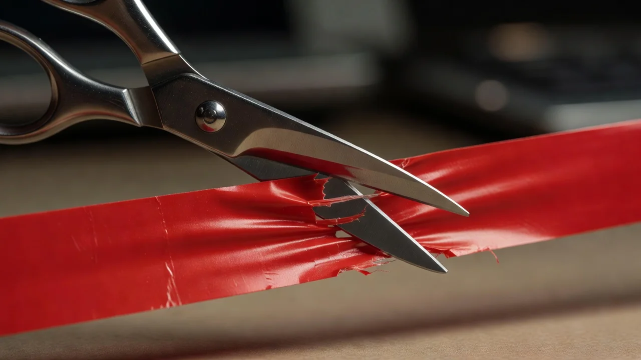 Scissors cutting through a strip of red tape in a macro shot