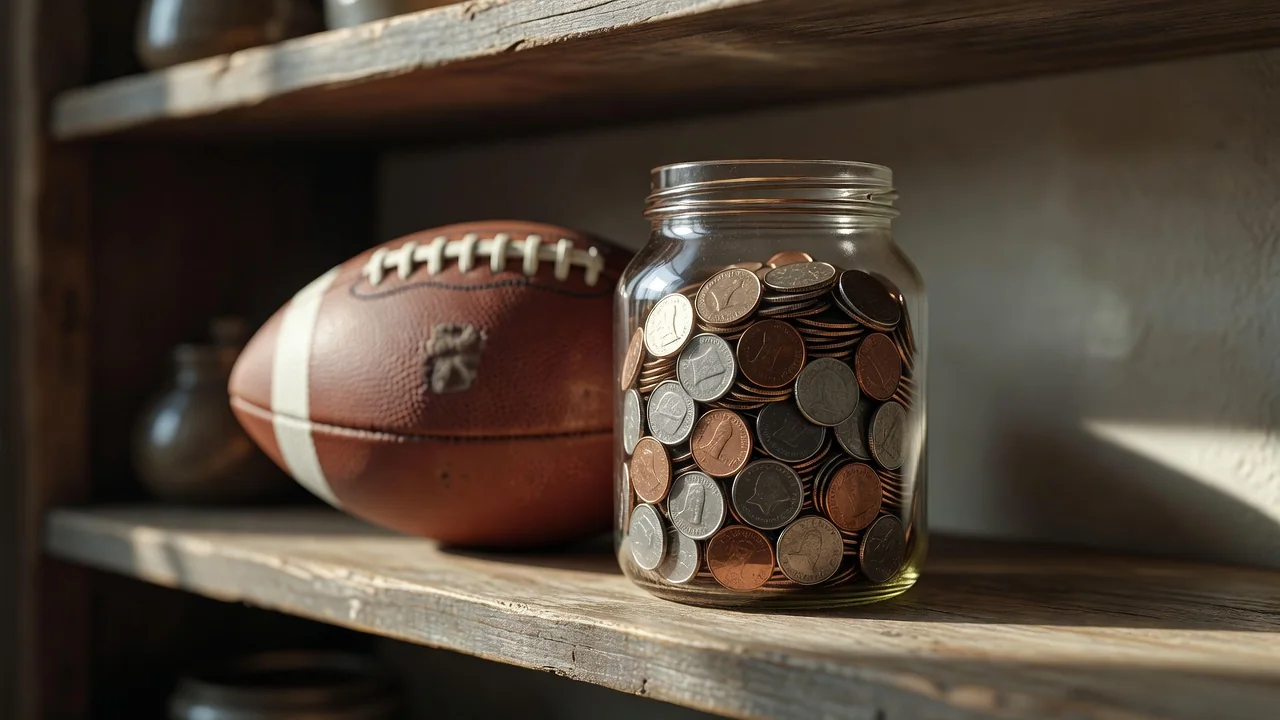Glass jar full of coins with a football beside it on a shelf