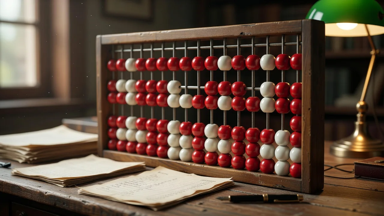 Wooden abacus with red and white beads on an accountant's desk