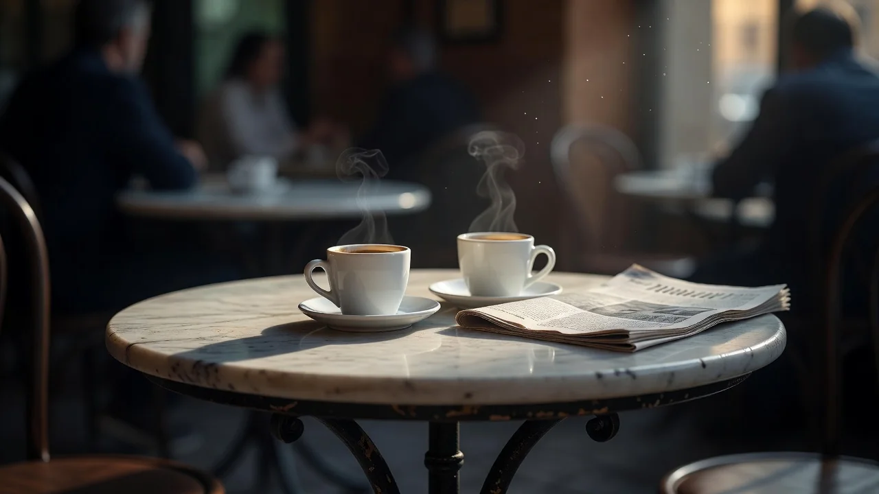 Classic Italian cafe table with two espresso cups and a folded blurred newspaper