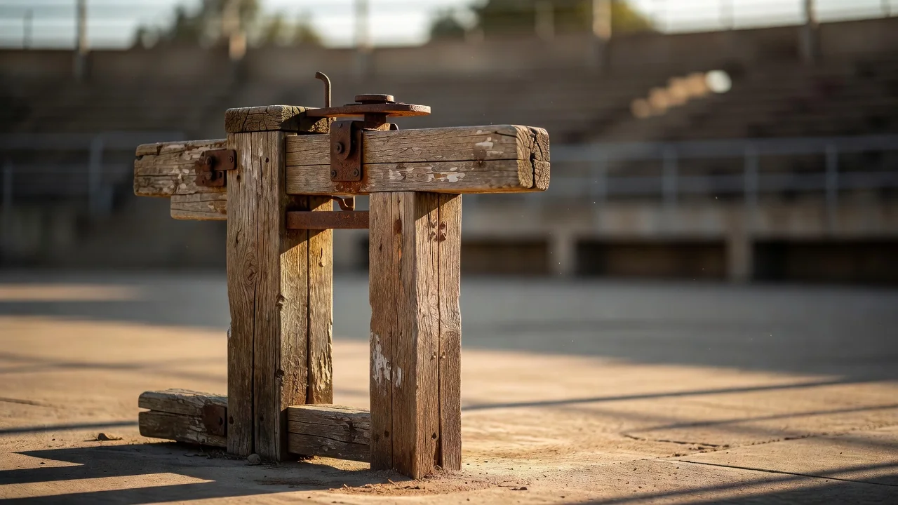 Old wooden stadium turnstile in warm afternoon light