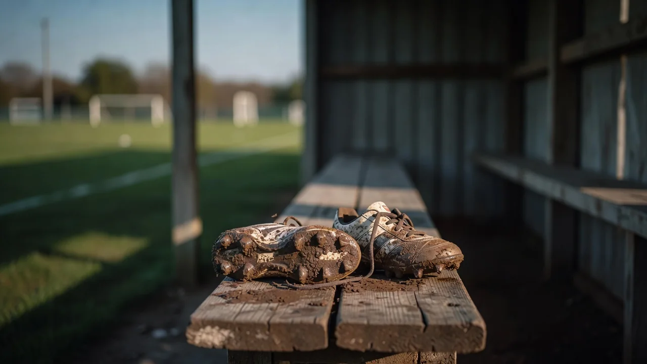 Muddy small size football boots left on a wooden bench