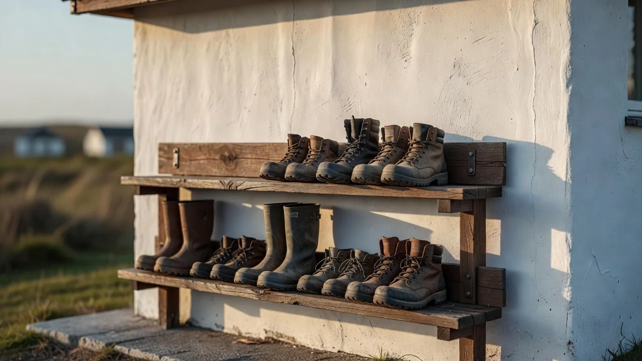 Whitewashed small clubhouse wall with a wooden boot rack beneath