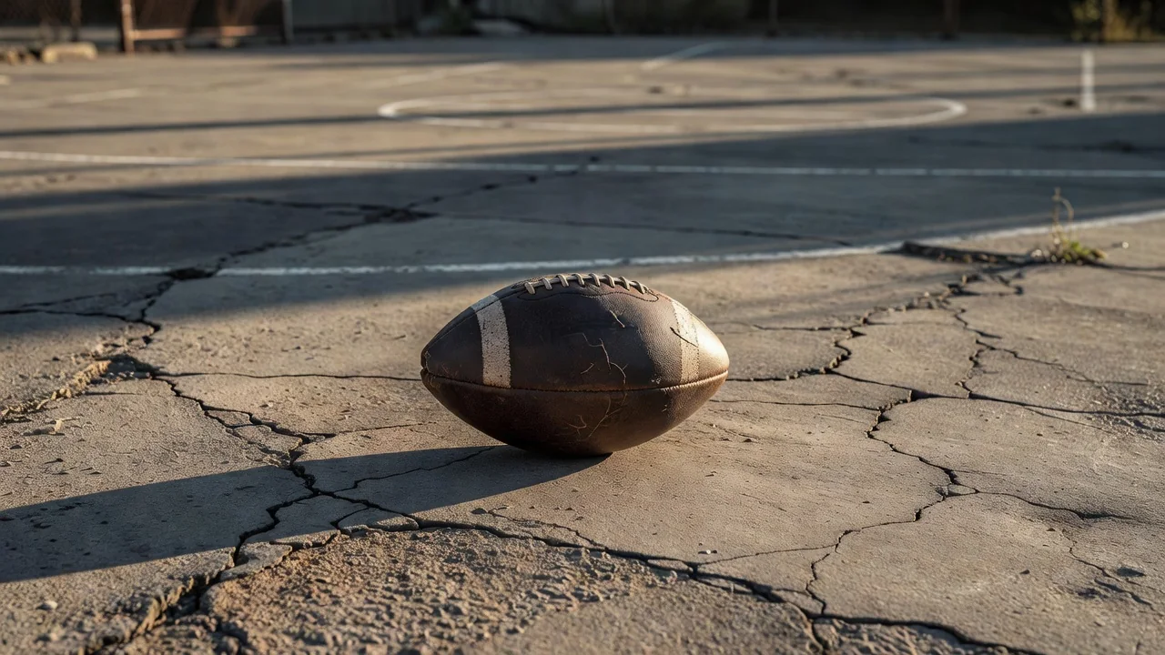 Worn leather football on a cracked concrete street court