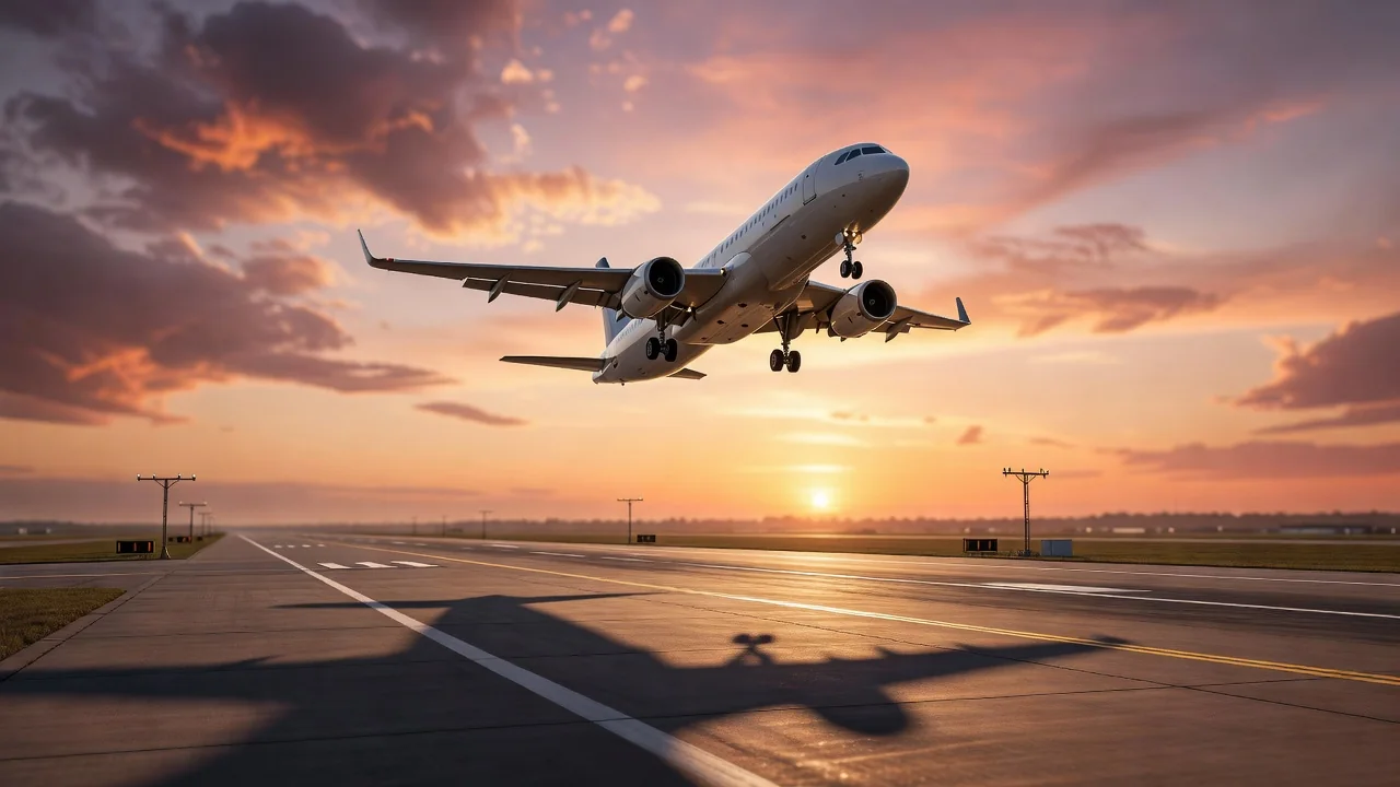 Airliner ascending into a golden hour sky above a runway