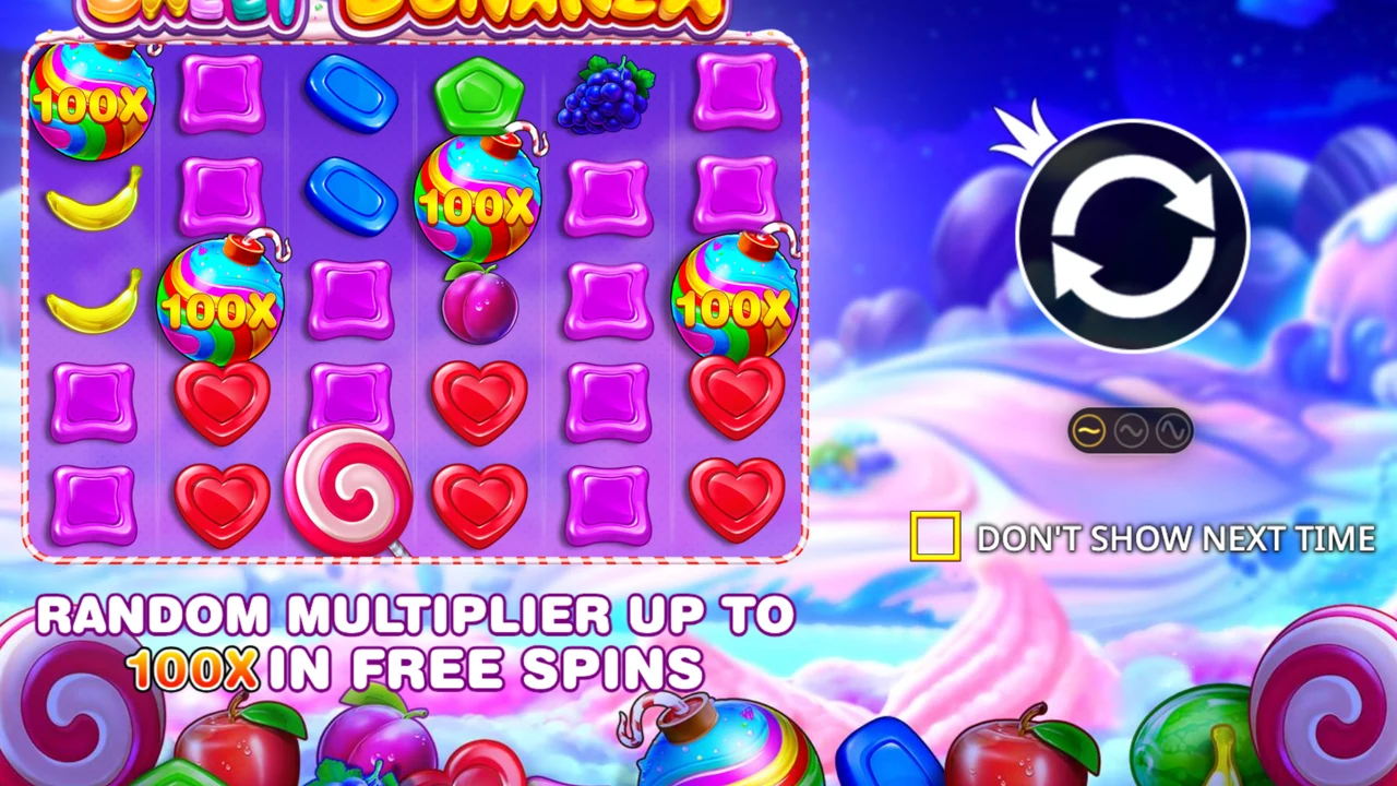 Sweet Bonanza reels with candy symbols and a scatter on a demo screen
