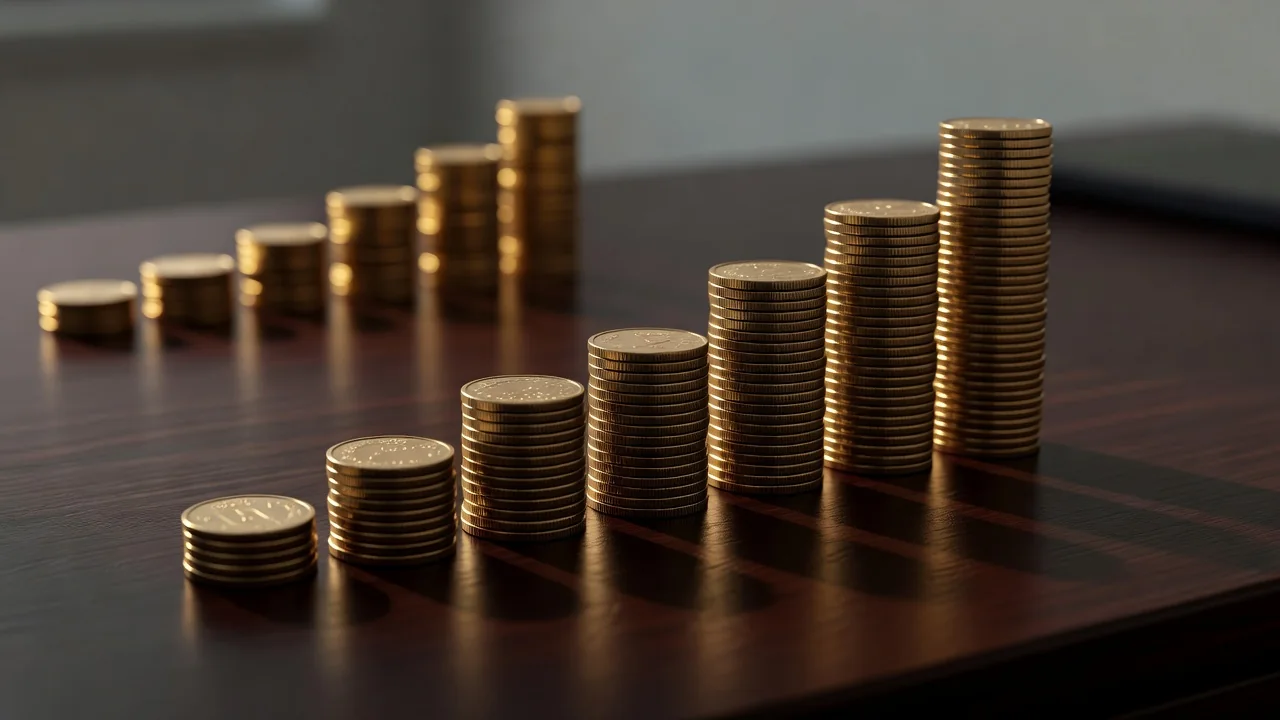 Stacks of gold coins arranged as an ascending bar chart on a desk