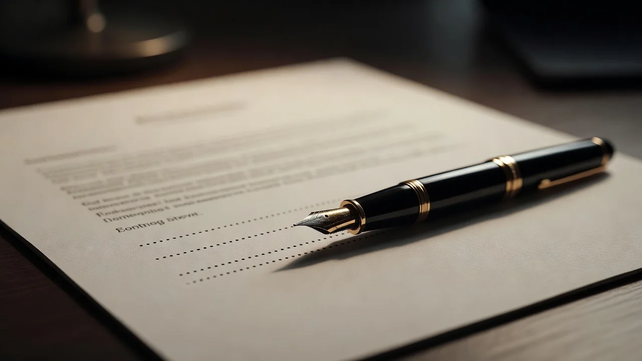 Fountain pen resting on the dotted line area of a blank contract page