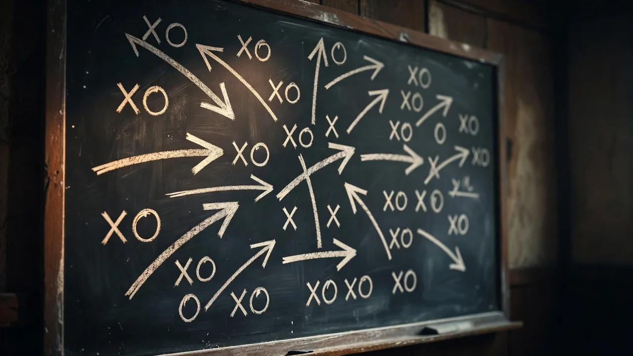Chalkboard with drawn arrows and X and O marks and no words