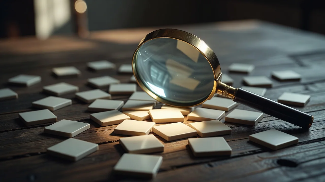 Magnifying glass over blank letter tiles lying face down