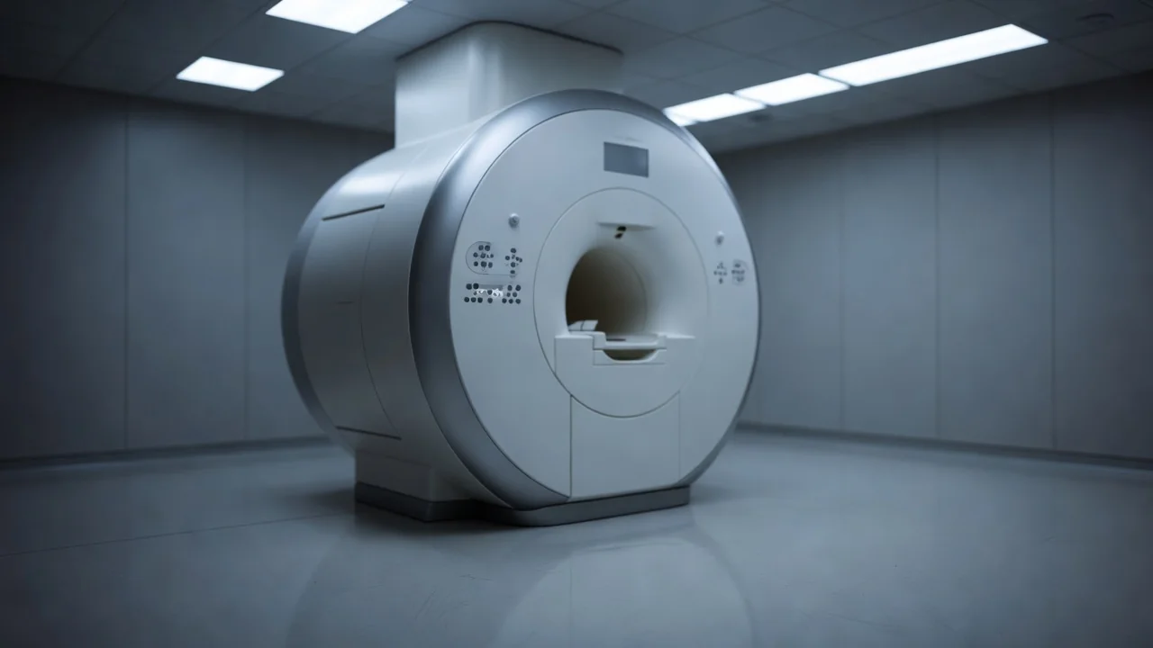 Empty MRI scanner room bathed in cool clinical light