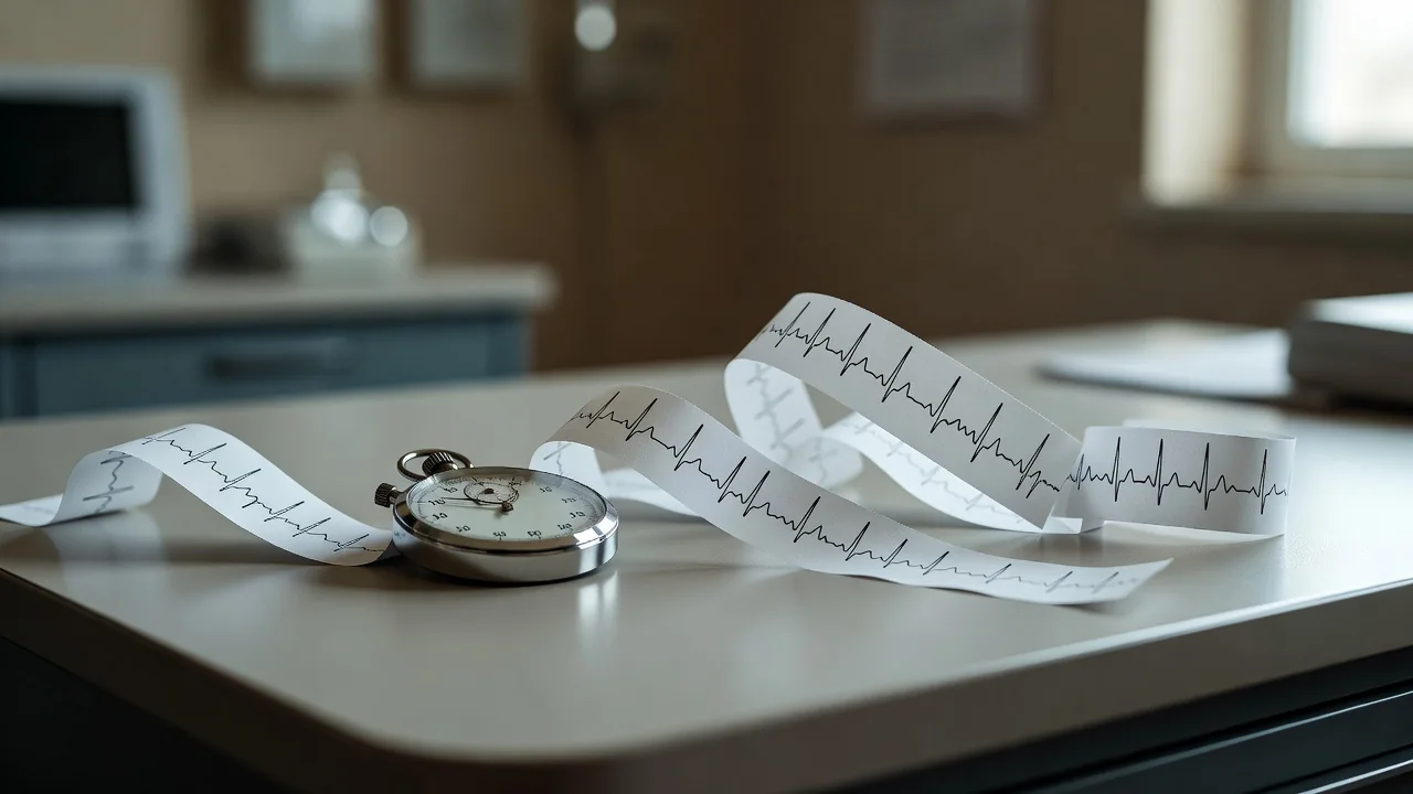 Stopwatch and abstract heart rate printout strips on a clinic desk