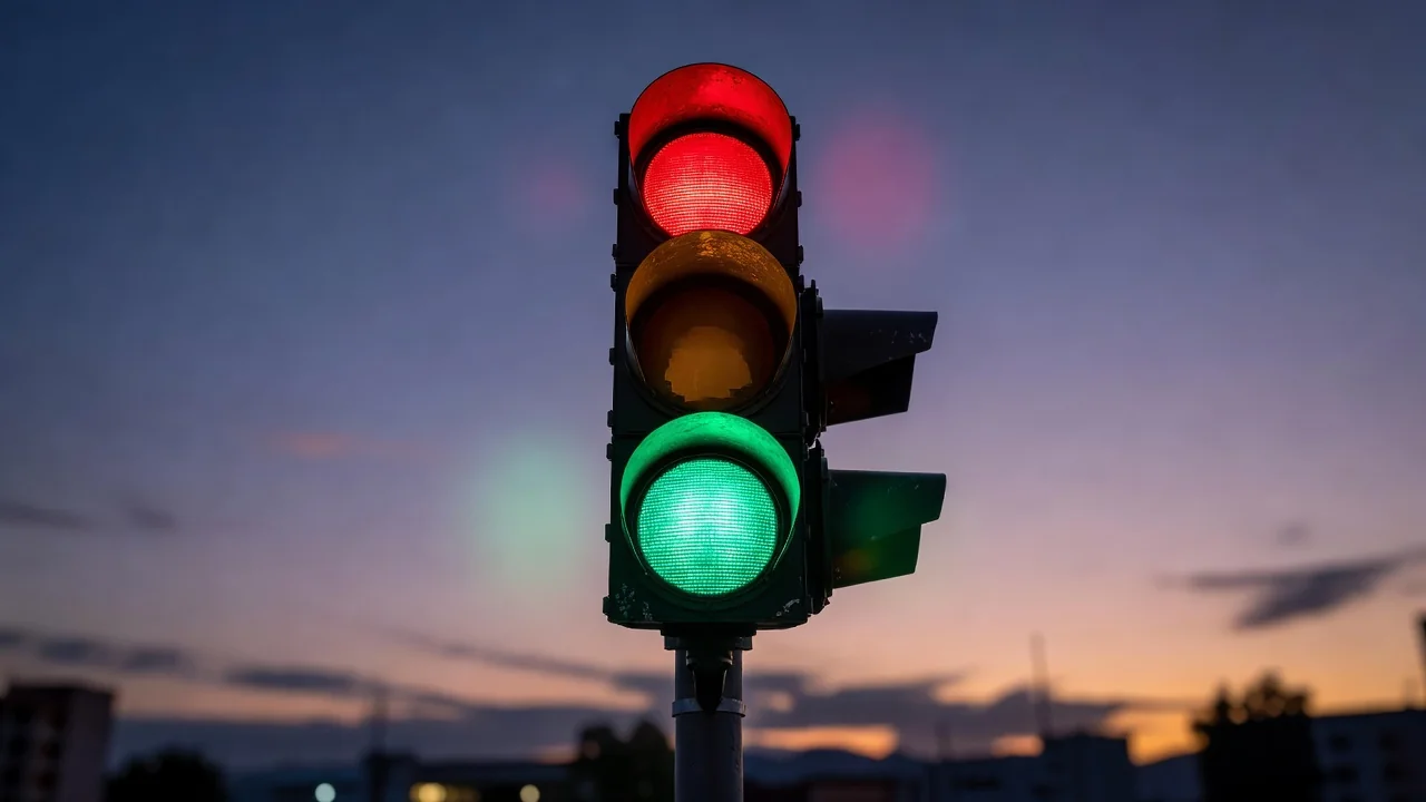 Traffic light glowing red amber and green against a dusk sky