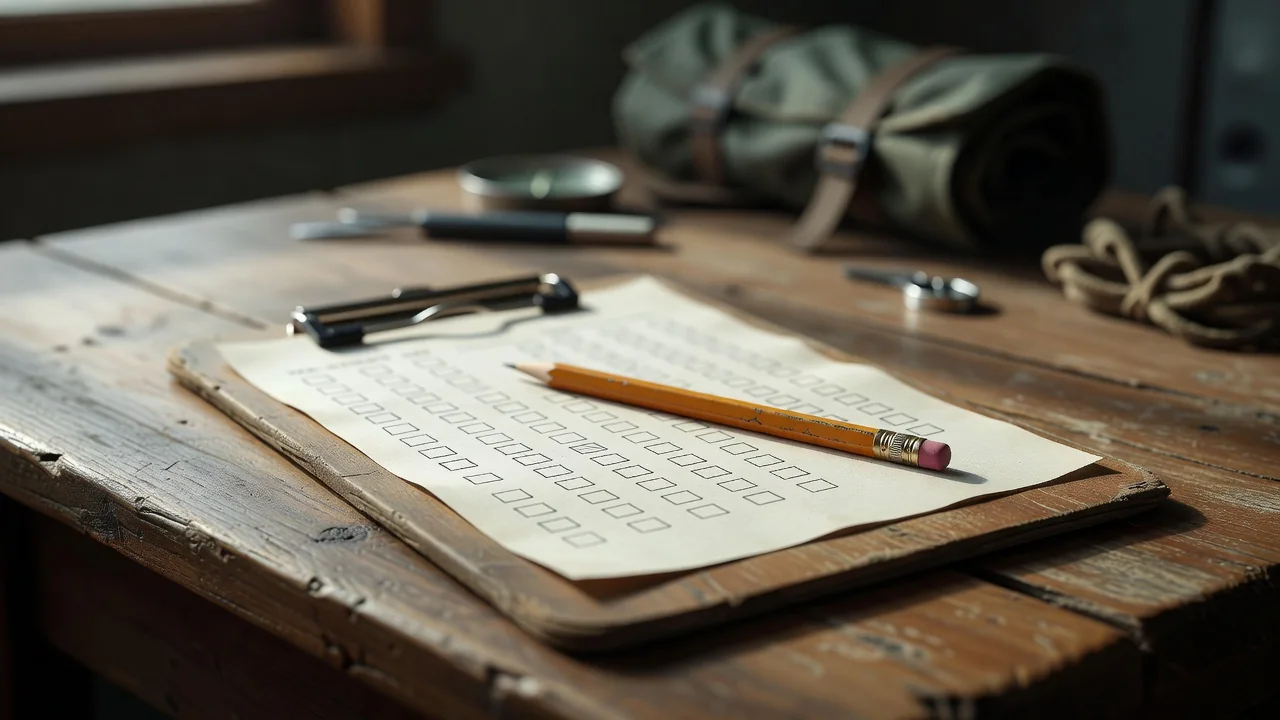 Clipboard with blank tick boxes and a pencil on a scout's desk