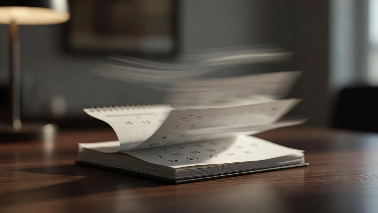 Desk calendar pages caught mid flip with motion blur