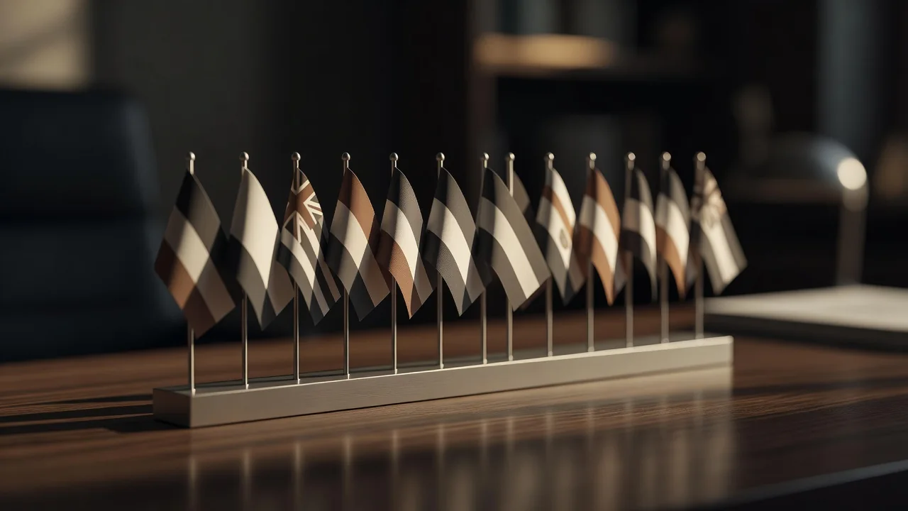 Row of small plain international flags on a desk stand