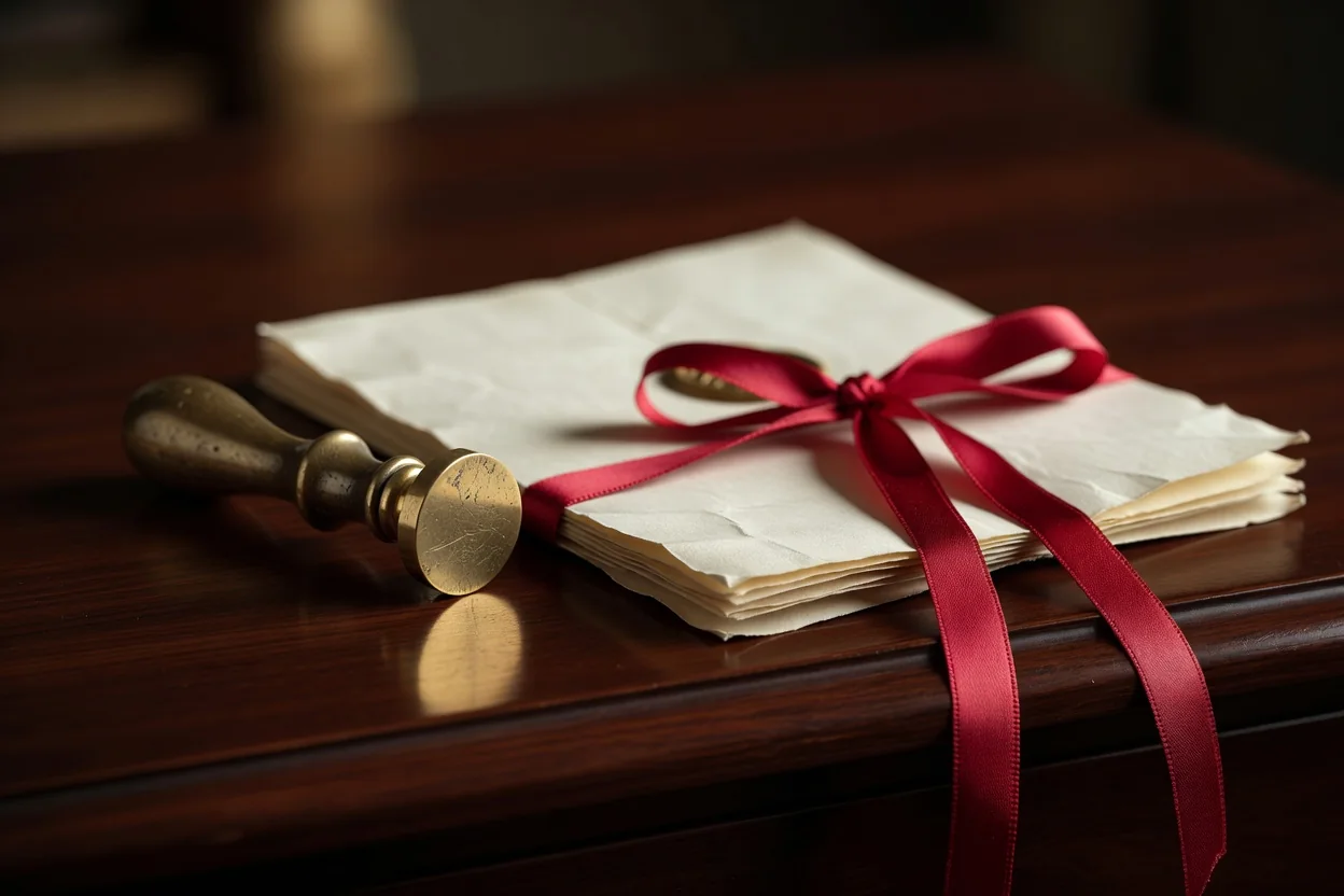 Wax seal stamp resting beside a folded document with a red ribbon