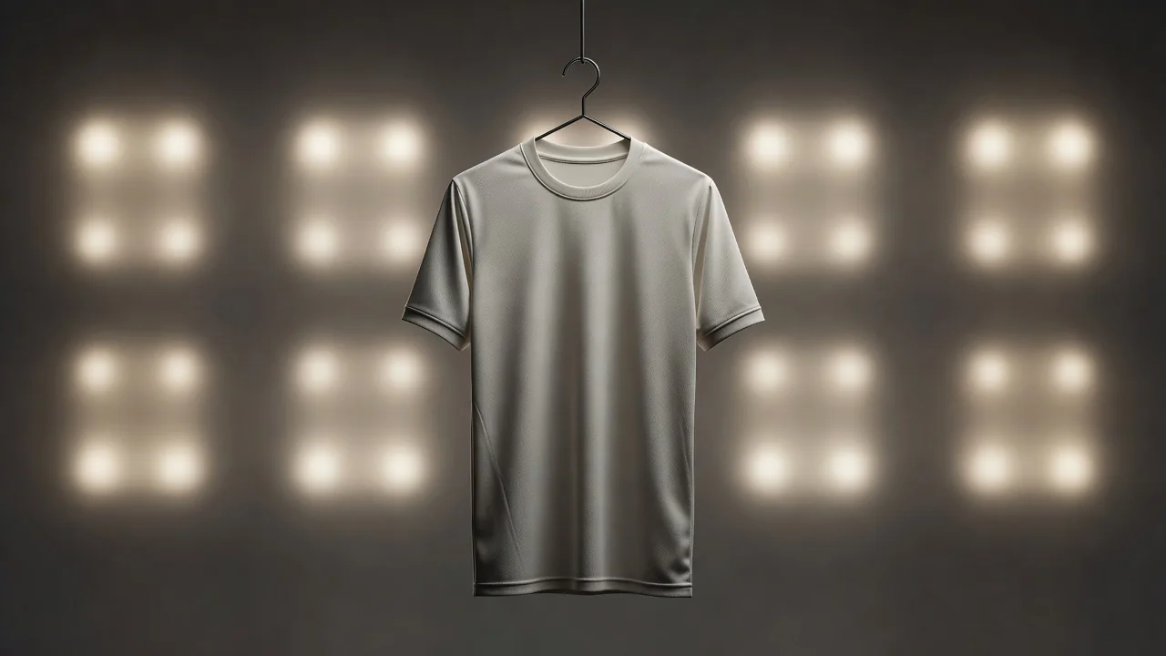 Plain football jersey on a hanger in front of a blurred press wall of soft light