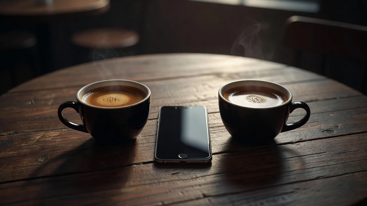 Two coffee cups on a cafe table seen from above with a phone between them