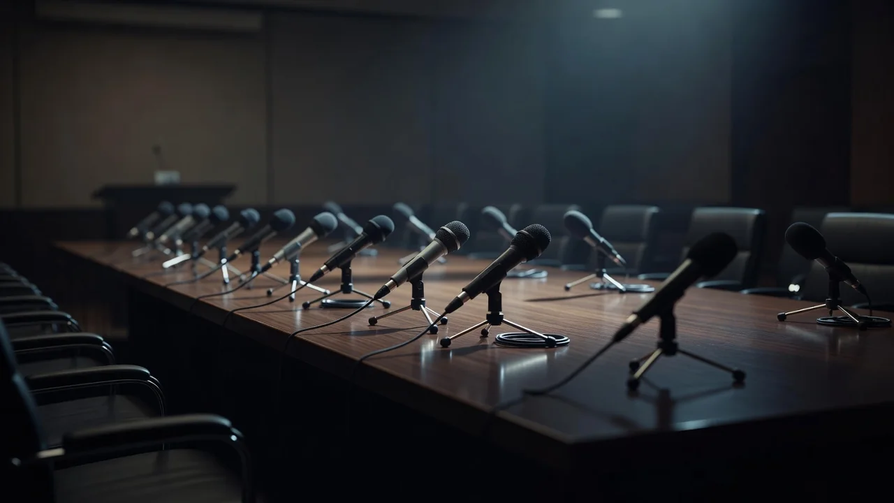 Empty press conference room with a row of microphones ready on the table